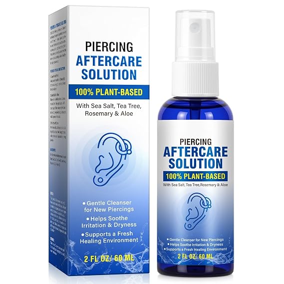 Piercing Aftercare Spray - Saline Solution for Ear, Nose, Belly Button, Cartilage Piercings - Ear Piercing Cleaner Spray with Sea Salt, Aloe Vera & Rosemary, Gentle and Non-Irritating, 2 Fl Oz