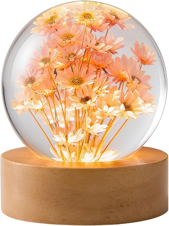 Dandelion Daisy 3D Engraved Crystal Ball Lamp, Warm Led Night Light, USB Powered for Home Decor, Unique Gift with Preserved Flowers
