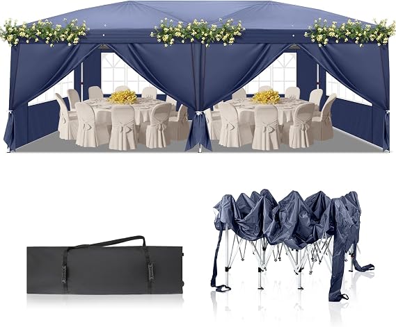 Bonnlo Pop Up Gazebo with Sides 3m x 6m, Easy Setup Instant Outdoor Canopy, Large Market Stall Shelter, Wedding Party Tent Blue