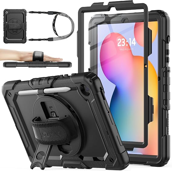 Seymac stock Case for Samsung Galaxy Tab S6 Lite 10.4 Inches Black RundumschutzZwei FrontrahmenDisplayschutzfolie 360° Drehbarer Ständer/HandschlaufeVerstellbarer SchultergurtStifthalter