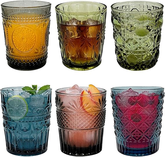 Set of 6 Colourful Glasses Vintage Drinking Glasses Colourful Water Glasses Juice Glasses 320 ml Drinking Glasses Set Modern Geometry Designs Blue Green Grey Multicoloured Stackable for Gifts Cocktails Juice Office