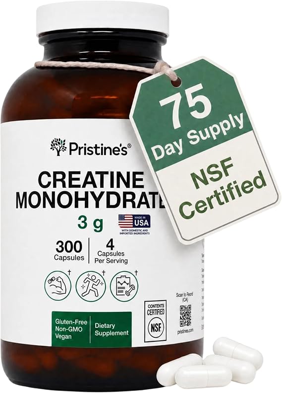 PRISTINE'S NSF Certified Creatine Monohydrate 3g Capsules, 75 Servings