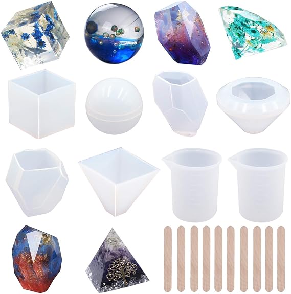 EuTengHao 18Pcs DIY Silicone Resin Casting Molds Tools Set Includes 6 Resin Casting Molds Large Clear Silicone Molds 2 Measurement Cup 10 Wood Sticks for DIY Home Decoration