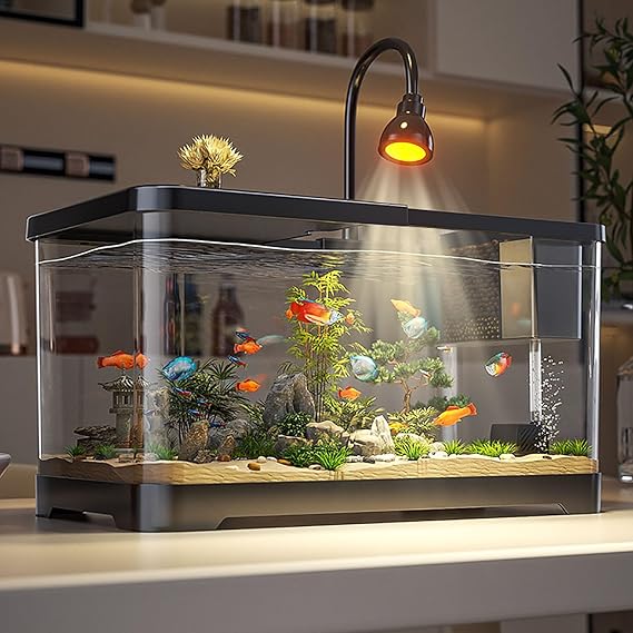 Fish Tank Starter Kit with Filter and LED Lights - Self Cleaning Aquarium for Beginners - Complete Fish Tank Setup