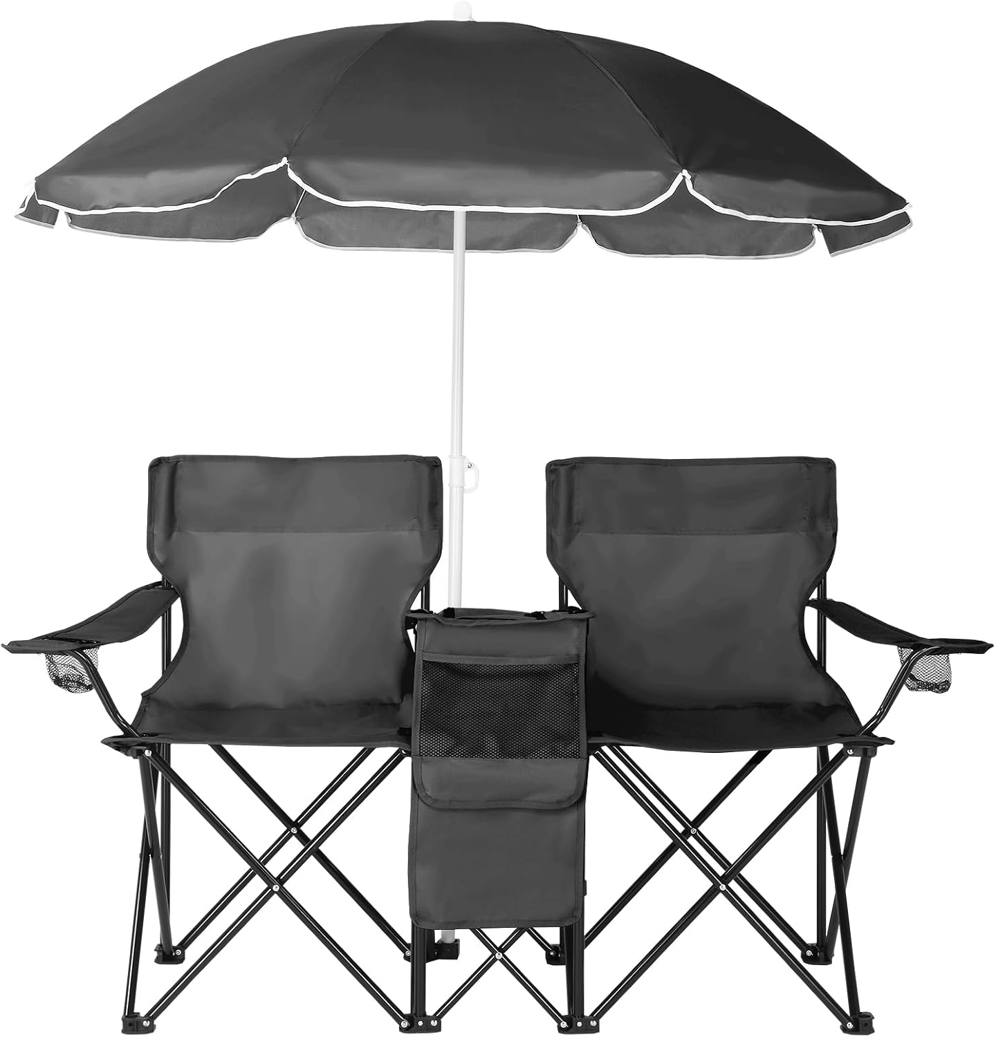 Vasitelan Double Camping Chair with Umbrella, Folding Loveseat Chairs wCanopy Shade, Carrying Bag, Table, Cup Holder, Portable Beach Chairs Outdoor Picnic Patio Black