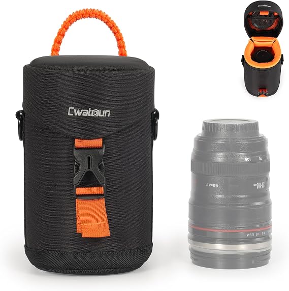Cwatcun Camera Lens Case, Hard Case Shockproof DSLR Camera Lens Pouch with Shoulder Strap, Water Resistant Camera Lens Bag for Nikon, Sony, Fuji, Canon and Other Lens Below 3.03" x 5.71"(D x L)