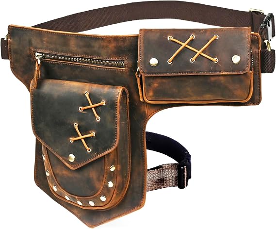 Water Resistant Canvas Plus Leather Motorcycle Fanny Waist Pack One Shoulder Drop Leg Thigh Bag For Men Women N211-8 (100% Genuine Leather-A-Brown)