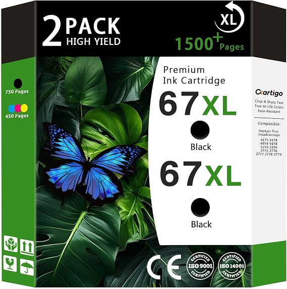 67XL High Yield Ink Cartridges Combo Pack (2-Black) Compatible for HP 67XL 67 Replacement for HP Deskjet 4175 4178 6078 6478 1216 2336 2775 2776 2777 2778 2779 Series Printers