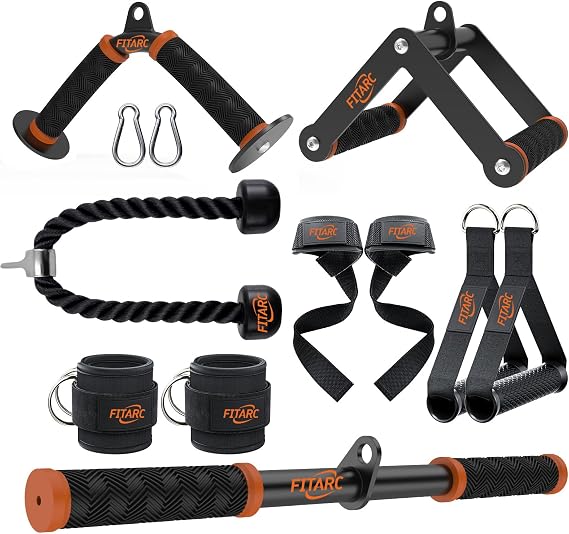 Fitarc Cable Machine Attachment Set for Home Gym, LAT Pulldown & Tricep Pushdown Attachments with D Handle, V Bar, Tricep Rope, Straight Bar, Stirrup Handles, Ankle Strap & Lifting Straps
