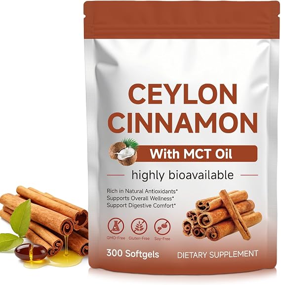 Ceylon Cinnamon Softgels with MCT Oil, 300 Softgels Cinnamomum Verum Bark Extract Capsules True Ceylon Cinnamon Supplement, Supports Digestive & Overall Wellness Non-GMO Gluten-Free