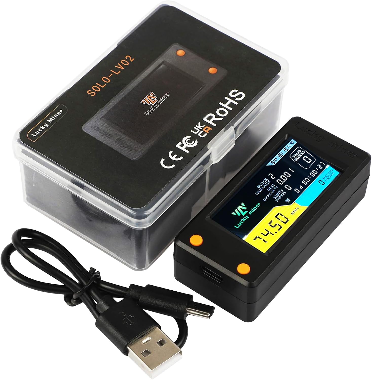 Bitcoins Miner 78KHS Lucky Miner LV02 Solo Miner with 1.9 Full Color LCD Display Asic Miner 1 Watt Low Power Cryptographic Miner Mini Lottery Device Type-C USB Connection, Black