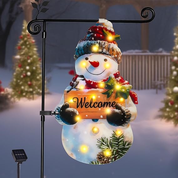 Lighted Christmas Garden Flag12x18, 8 Modes Double Sided Solar Christmas Decorations Outdoor LED Navidad Flag, Yard Decorations for Xmas Patio Lawn Porch (Big Snowman Warm White 12x18)