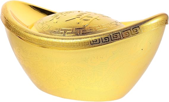 Golden Yuan Bao Feng Shui Figurine 9.63X5.11X4.72In Metal Collectible for Spring Festival and Corporate Celebrations