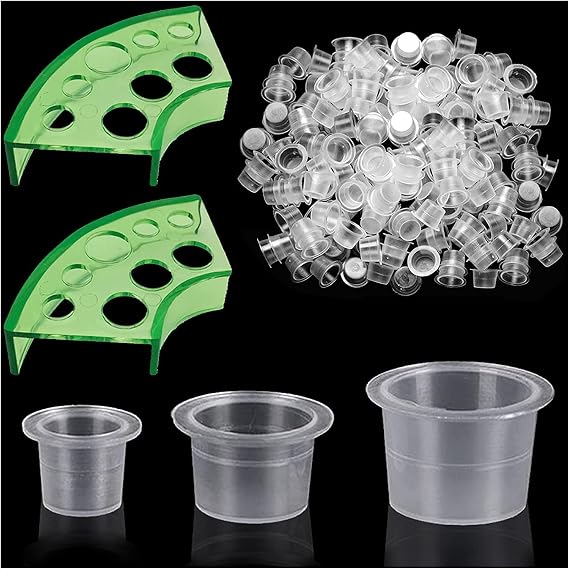 300pcs Tattoo Ink Caps with 2 Cups Holders - Moricher 100 Small 100 Medium 100 Large Tattoo Ink Cups +2 Cups Holders for Tattoo Ink Permanent Makeup Container Cap Tattoo Accessory