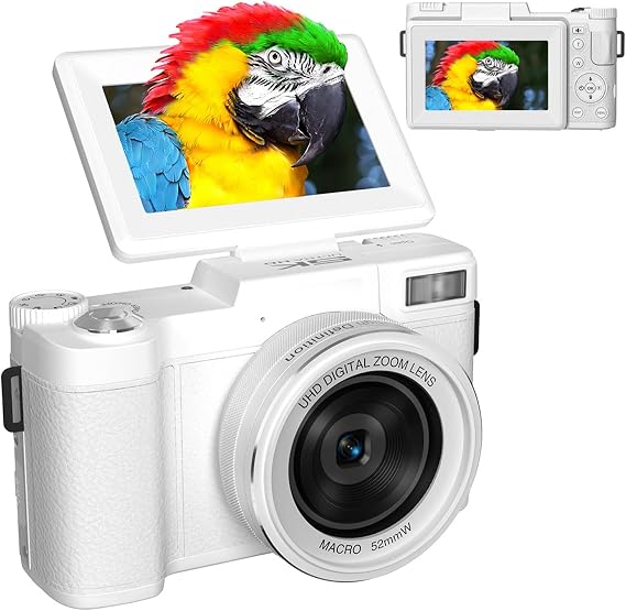 5K 64MP Digital Camera for Photography WiFi Vlogging Camera with 3 Inch Folding Screen 18x Zoom Auto Focus Flash (White)