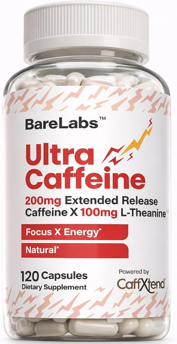 Extended Release Caffeine Pills + Caffeine L-Theanine + Focus & Energy Supplement + No Jitters, No Crash + Natural - 120 Capsules