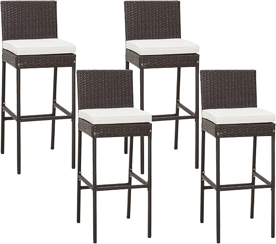 RELAX4LIFE Outdoor Bar Stools Set of 4 - Wicker Rattan Patio Barstools Tall Chairs w/Back, Footrest, Seat Cushions & Metal Frame, 400LBS Weight Capacity, 30 Counter Height Bar Stools (2, Mix Brown)