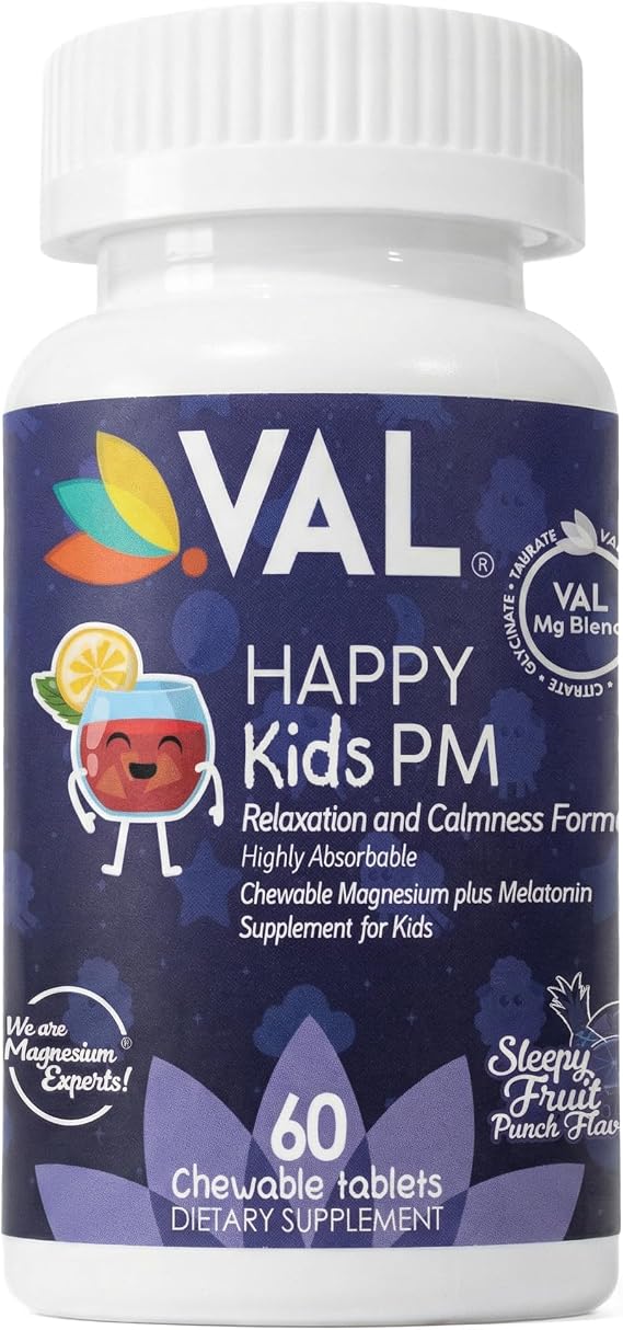 VAL Happy Kids PM Sugar-Free Chewable Magnesium with Melatonin | Sleep Support for Children | Magnesium Glycinate + Citrate + Taurate | B6, C | Fruit Punch | 60 Tablets | Non-GMO