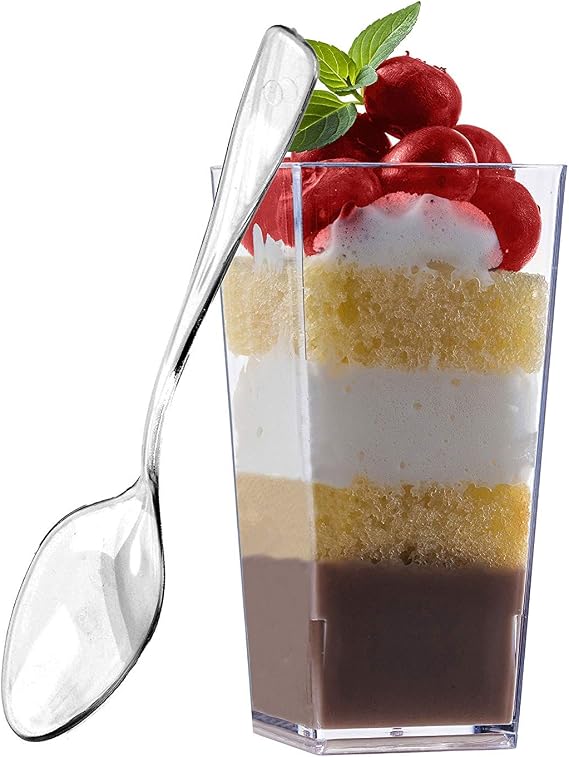 zappy 50 3 oz Tall Square Mini Dessert Cups With Spoons Clear Plastic Dessert Cups Tasting Shot Glasses Shooter Cups Parfait Glasses Appetizer Cup Serving Bowl Trifle Tumbler Desserts