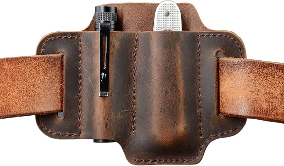 Premium Leather EDC Knife Belt Sheath & Tool Pouch, Fit Most 3.5"-4" Knives, 0.6" Wide Flashlights, Chestnut