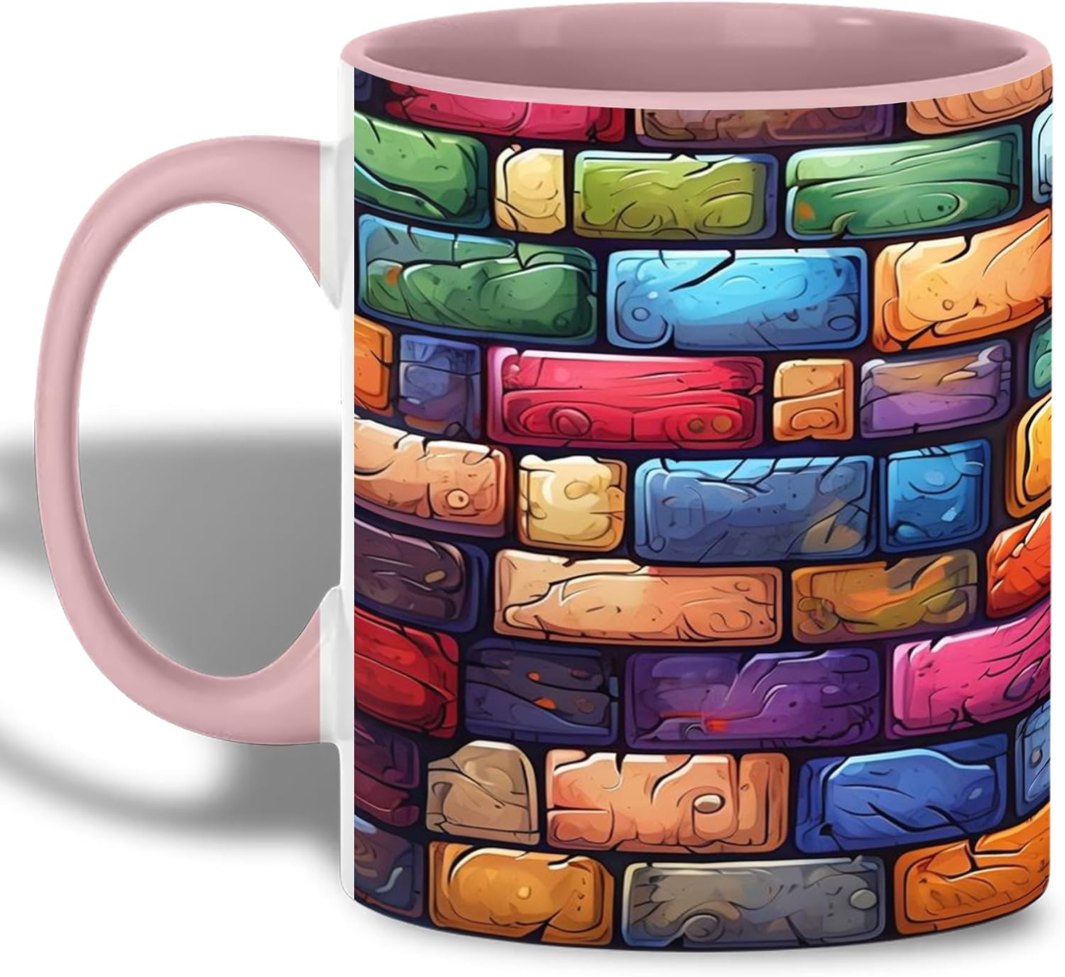 Colorful Brick Wall Coffee Mug, Cartoon Block Pattern Mug for Home and Office, Gift for Art Fans and Designers, Abstract Urban Illustration, Multicolor Modern Ceramic Drinkware Cup for Daily Use