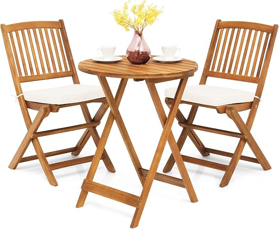 GIANTEX Balkonmöbel Kleiner Balkon Runder Bistrotisch mit 2 Stühlen klappbar Gartenmöbel Set Holz 3 teilig Balkonset Bistroset Outdoor Terrassenmöbel 2 Personen Garten Sitzgruppe mit Kissen