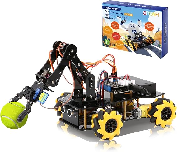 ACEBOTT 5DOF Smart Robot Arm Car Kit, 4WD Remote Control Car Compatible with ArduinoPythonBlockly Programming ProjectSTEM EducationScience Coding Kit for 12 Teens and Adults Unique Gifts