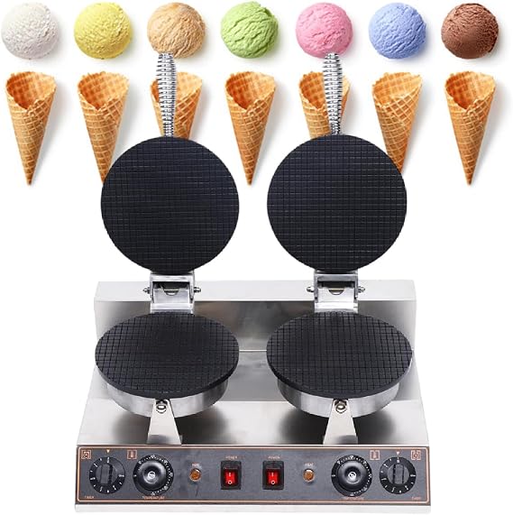Commercial Electric Ice Cream Cone Maker Machine, 1200W Waffle Cone Maker Stainless Steel with Time & Temperature Dual Control, Nonstick Egg Roll Mold,Double-110V