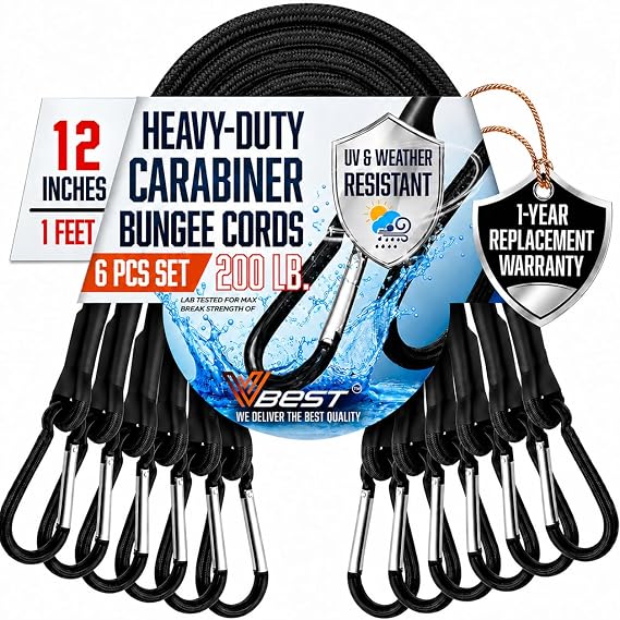 12 Inch Bungee Cords with Carabiner Hooks - 6Pcs Heavy Duty Outdoor