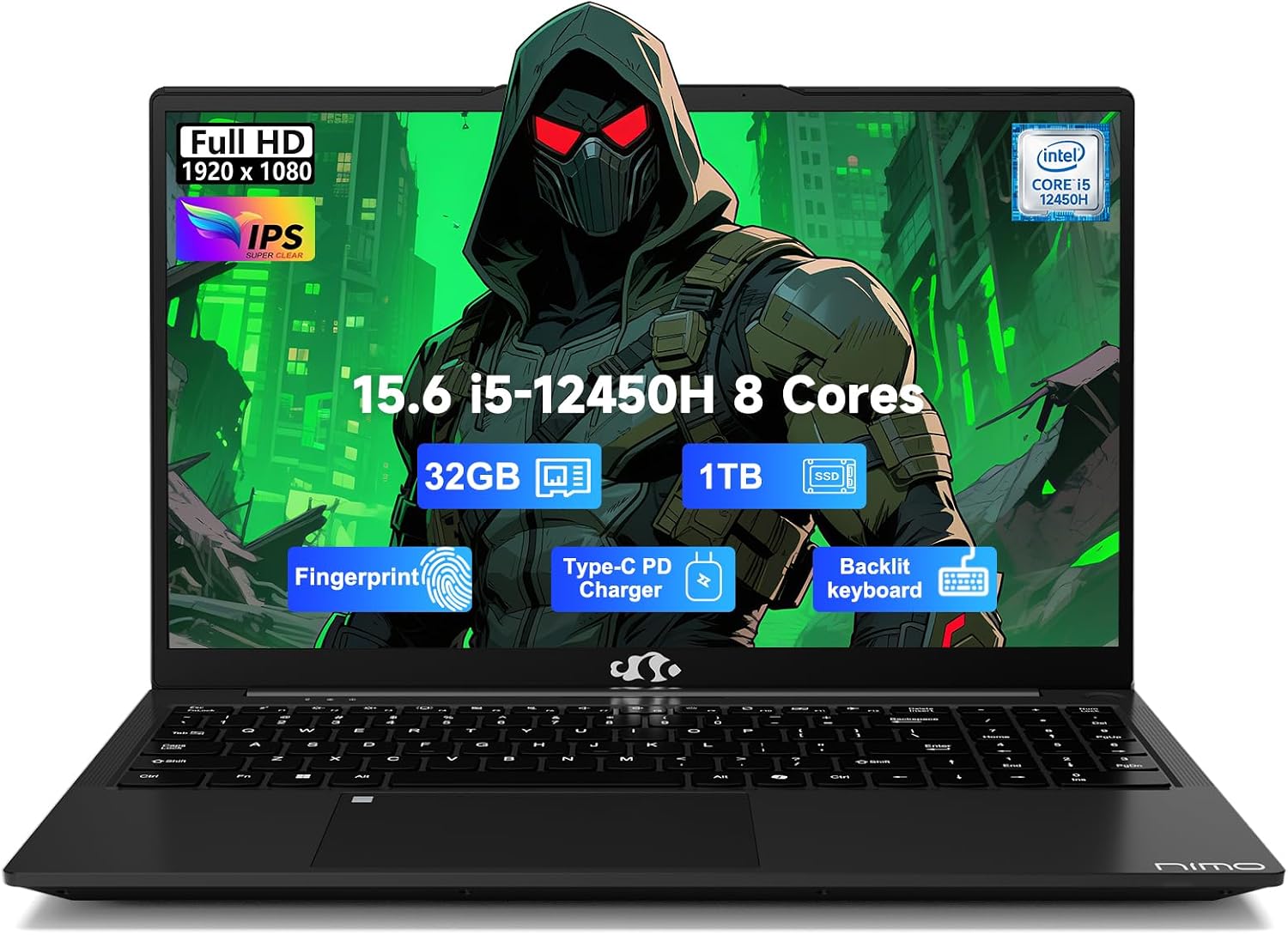 NIMO 15.6 FHD-IPS-Business-Laptop, 8 Cores Intel i5-12450H 32GB RAM 1TB SSD Beat i7-11800H, Up to 4.4GHz Backlit Keyboard Computer, 100W Type C Fingerprint WiFi 6 Numpad Win 11
