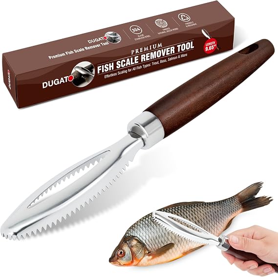 DUGATO Fish Scale Remover, Stainless Steel Scaler with Wood Handle