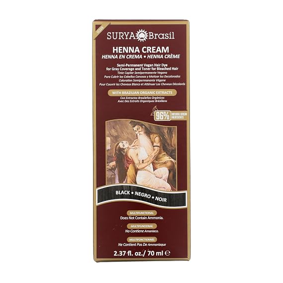 Surya Brasil - Henna Cream for Gray Coverage, Semi Permanent Natural Henna Deep Conditioning Hair Color Treatment, Black, 2.37 oz / 70 ml