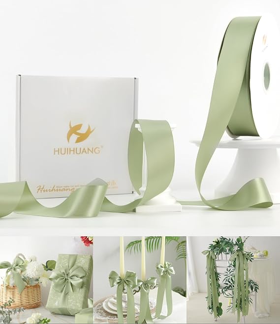 HUIHUANG Sage Green Double-Faced Satin Ribbon 1-1/2 inch Continuous 100 Yds