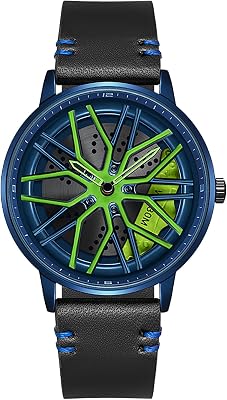 Mens Car Watch Creative Hollow Design Waterproof Quartz Analog Stainless Steel Strap Suitable for Men and Car Enthusiasts Blue Green