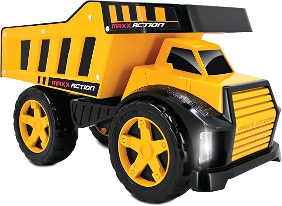 Maxx Action Steel Dump Truck Toy - Lights & Sounds, Metal Bed - Ages 3+ | Construction Vehicle, Push Powered, 15.3 in Length, Yellow And Black, Plastic Body, 36 Months Plus