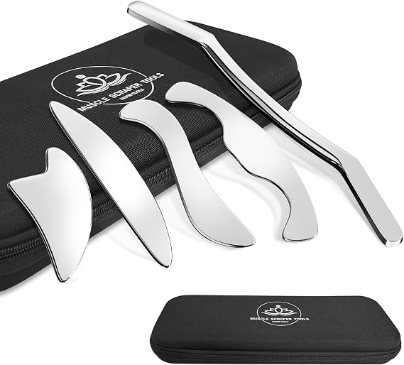 5 in 1 Stainless Steel Gua Sha Muscle Scraper Tools Set, Scraping Tools Kit for Physical Therapy, IASTM Tools, Guasha Tools for Deep Tissue Massage with Storage Bag