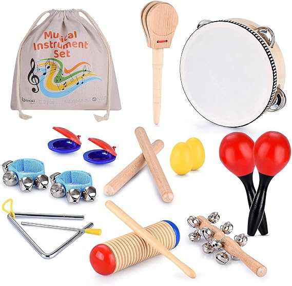 Wooden Musical Instruments Set for Toddlers 1-3, 16 Piece Kids Percussion Kit with Tambourine, Maracas, Castanets, Triangle, Egg Shakers, Wrist Bells and Storage Bag for Ages 3+