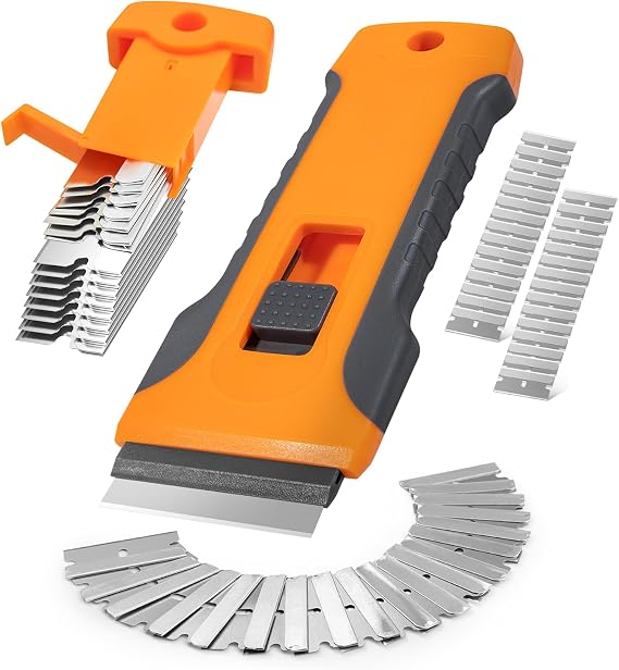 WRAPXPERT Razor Blade Scraper with 30pcs Extra Blades, Razor Scraper Tool for Glass, Window Scraper, Glass Scraper, Blade Razor Retractable for Removing Glue, Paint, Stickers, Labels