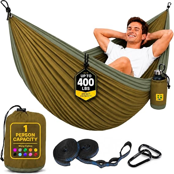 Durable Hammock 400 lb Capacity, Nylon Camping Hammock Chair - Double or Single Sizes w/Tree Straps and Attached Carry Bag - Portable for Travel/Backpacking/Beach/Backyard (Medium, Khaki & Dark Green)