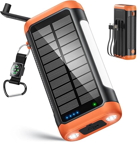 Solar Power Bank Portable Charger 66800mAh Battery Pack for Camping | Built Cables,Hand Crank,22.5W Fast Charging,Flashlights,Table Lamp,Compass,5 Outputs,5 Intput