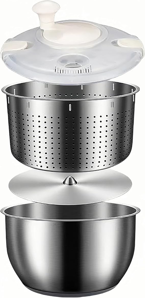 Large capacity 6L Stainless Steel Salad Spinner, Vegetable Spinner,Fruit Spinner,Lettuce Spinner, Household Vegetables and Pasta Fries Spinner,must-have for domestic and commercial kitchens