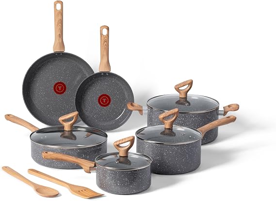 T-fal Revive Ceramic Cookware Sets, Pots and Pans Set Nonstick, (12 pieces), Ceramic Non stick Coated, Frying Pan, Oven Safe Up To 350F, Grey Granite