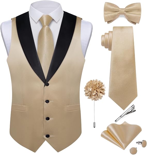 DiBanGu Mens Satin Vest Tie Set Solid Suit Waistcoat Shawl Collar Formal