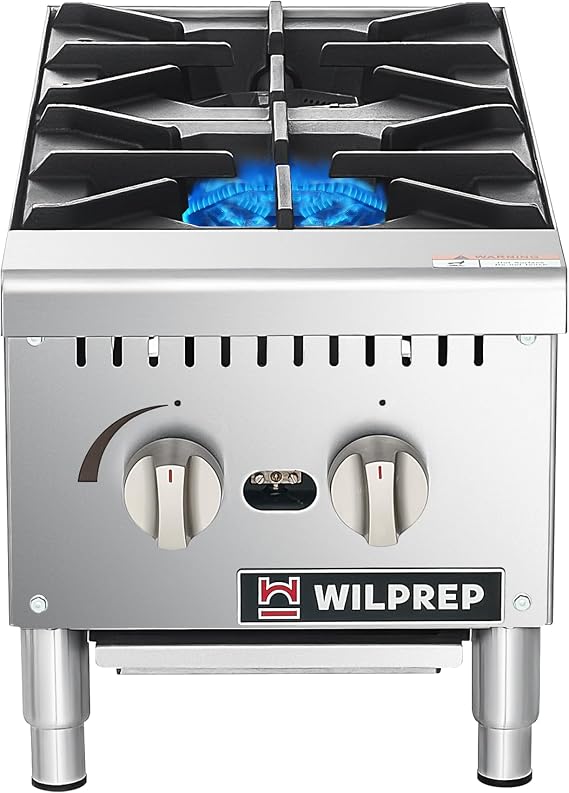 WILPREP 12" Countertop Gas Range, 2-Burner Commercial Hot Plate with 50,000 BTU, Natural Gas & Propane Conversion, Stainless Steel Stove for Restaurant & Home Kitchen, Durable Silver Design