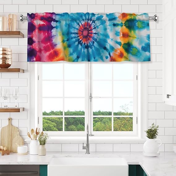 Valance for Windows Ethnic Watercolor Tie Dye Rod Pocket Window Treatment Valances Short Curtains for Kitchen Living Room Bathroom, 54x18 in