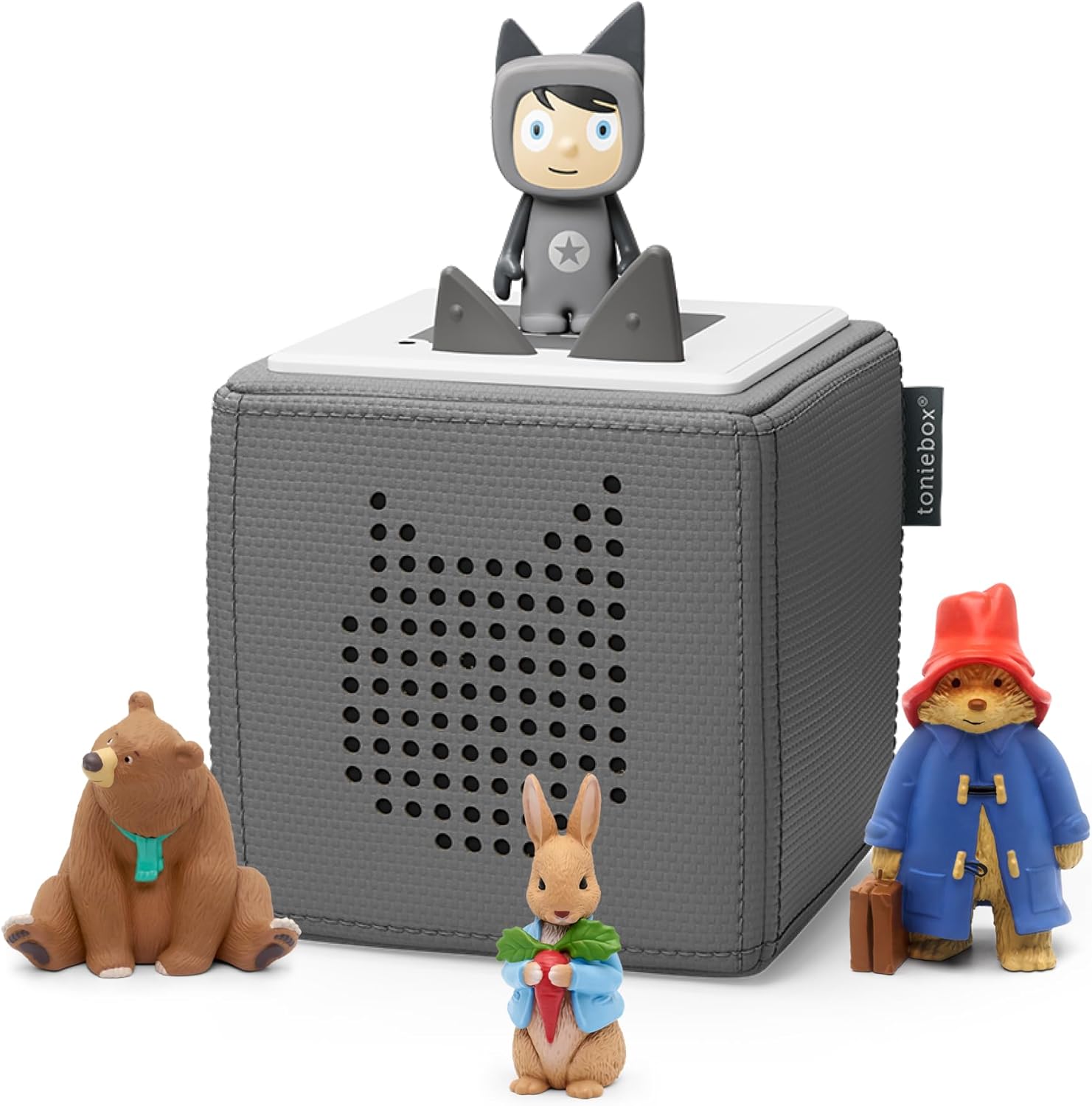 tonies Grey Toniebox Bundle Incl. 1 Creative Tonie and 3 Tonie Characters, Paddington, Peter Rabbit, We're going on a bear hunt, Screen-Free Music Player for Kids, Early Development & Activity Toys