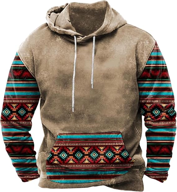 Mens Crewneck Sweatshirts Graphic Vintage Western Aztec Ethnic Drawstring Pullover Ethnic Print Patchwork Hoodies