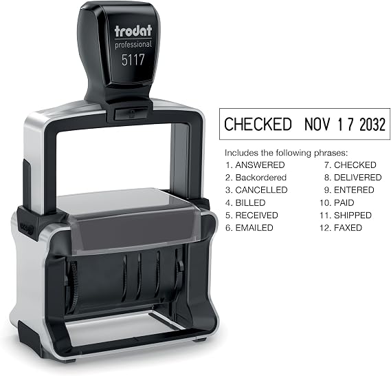 Trodat Professional 5117 12-Message Stamp, Dater, Self Inking, 2-1/4" x 3/8", Black