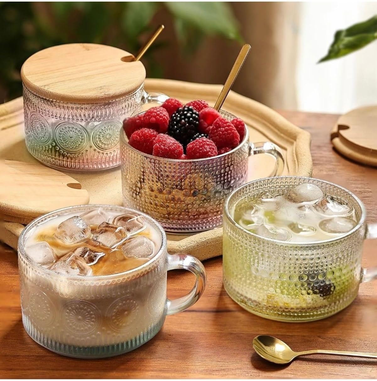 Yenigeldi 2 Adet 420 Ml İrlanda Vintage Bambu Kapaklı Ve Kaşıklı Kabartmalı Kahve Bardak, Tatlı Sunum Kupa,Şeffaf
