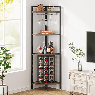 Tribesigns Corner Wine Rack with Glass Holder and Storage Shelves, 4 Tier Corner Bar Corner Wine Cabinet, Industrial Corner Wine Shelf for Living Room, Small Space Brown
